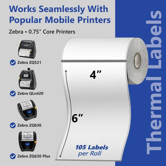 Alt view image 2 of 7 - 4x6 Mobile Printer Labels Premium Thermal Printer Labels Compatible with Zebra Printers Strong Adhesive and Direct Thermal Printer Paper 105 Labels per Roll, 0.75" Core (24 Rolls)