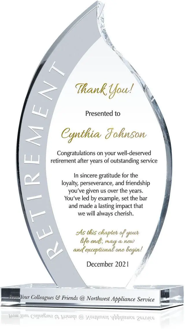 Main image of Personalized Crystal Flame Shaped Employee Retirement Award for Man or Woman, Customized with Retiree's Name, Unique Retirement Gift for Co-worker and friend (XL - 12")