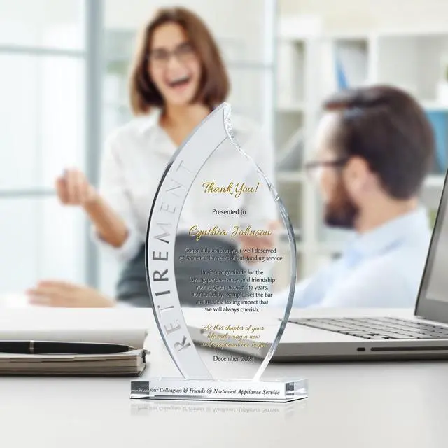 Alt view image 2 of 6 - Personalized Crystal Flame Shaped Employee Retirement Award for Man or Woman, Customized with Retiree's Name, Unique Retirement Gift for Co-worker and friend (XL - 12")