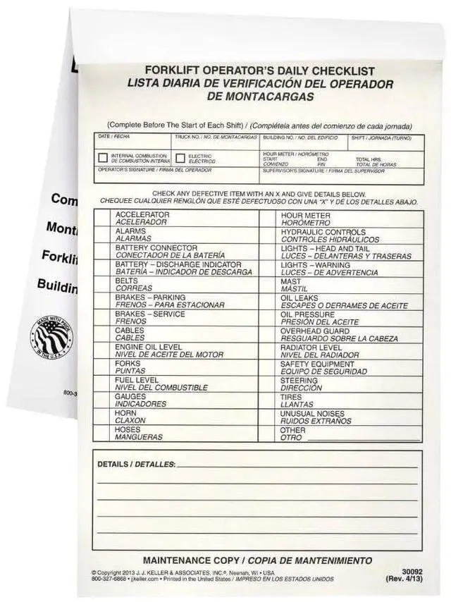Main image of J. J. Keller Forklift Operator Daily Checklist 25-pk. - Bilingual, Book Format with 31 Sets, 2-Ply, Carbonless, 5.5" x 8.5", Safety & Maintenance Forklift Checklist Inspection Book