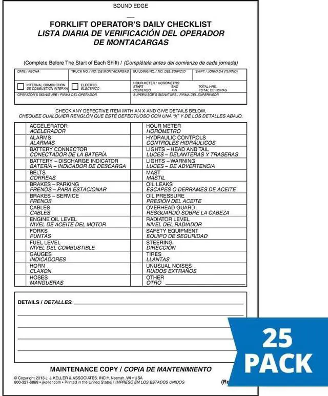 Alt view image 2 of 5 - J. J. Keller Forklift Operator Daily Checklist 25-pk. - Bilingual, Book Format with 31 Sets, 2-Ply, Carbonless, 5.5" x 8.5", Safety & Maintenance Forklift Checklist Inspection Book