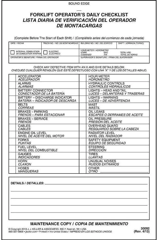 Alt view image 3 of 5 - J. J. Keller Forklift Operator Daily Checklist 25-pk. - Bilingual, Book Format with 31 Sets, 2-Ply, Carbonless, 5.5" x 8.5", Safety & Maintenance Forklift Checklist Inspection Book