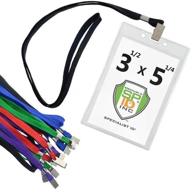 Main image of Bulk 100 Pack - Clear Vertical Large Credential ID Badge Holders (3 1/2 x 5 1/4) with Premium Quality Bulldog Clip Lanyards for Special Events by (4x6 Outside) (Assorted Colors)