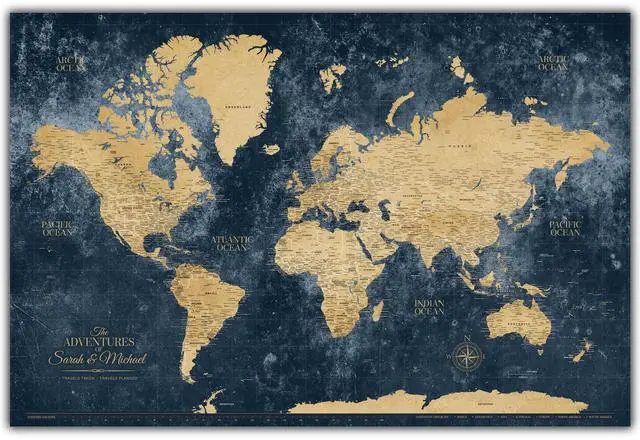 Main image of Gold & Navy World Travel Map with Pins, Personalized World Map Pin Board to Track Places Visited, Customized Travel Tracker (48x30, Rolled/Unframed)