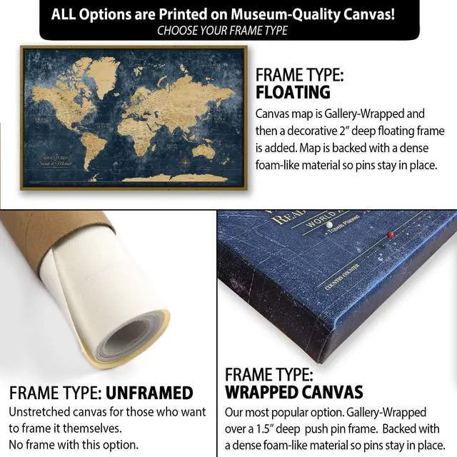 Alt view image 5 of 7 - Gold & Navy World Travel Map with Pins, Personalized World Map Pin Board to Track Places Visited, Customized Travel Tracker (48x30, Rolled/Unframed)