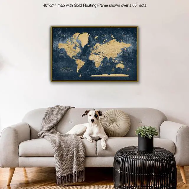 Alt view image 7 of 7 - Gold & Navy World Travel Map with Pins, Personalized World Map Pin Board to Track Places Visited, Customized Travel Tracker (40x24, Rolled/Unframed)