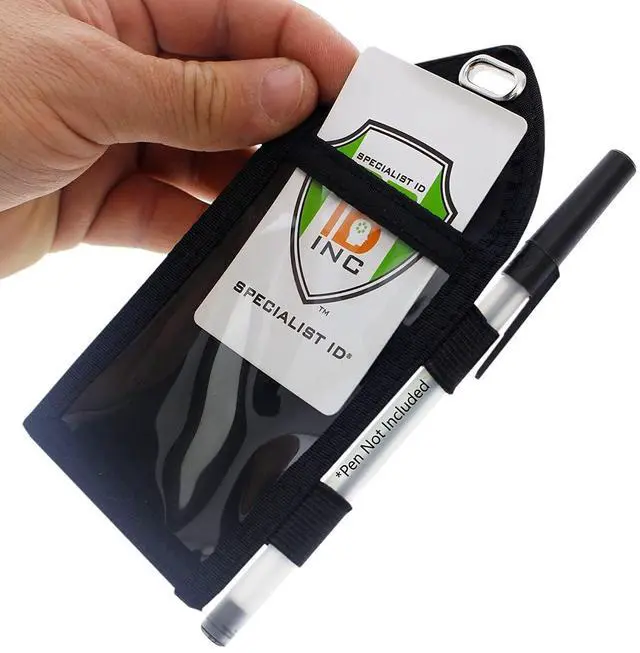 Alt view image 3 of 7 - Bulk 25 Pack - Heavy Duty Badge Wallet with Pen Loop Holder - Double Pocket Key Card Holder - Clear Front Display Window - Secure Back Pouch for Cards, Money & Flash Drive by (Black)