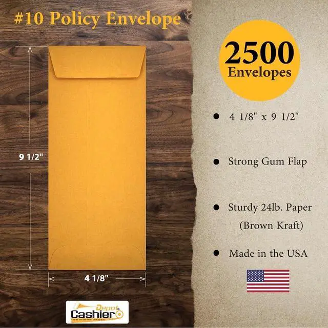 Alt view image 2 of 3 - 2500 Cashier Depot - #10 Policy Envelopes, Open End, 4-1/8" x 9-1/2", Sturdy 24 lb. Brown Kraft Paper, Gum Flap, Business, Office & Document Organization, 2500 Count
