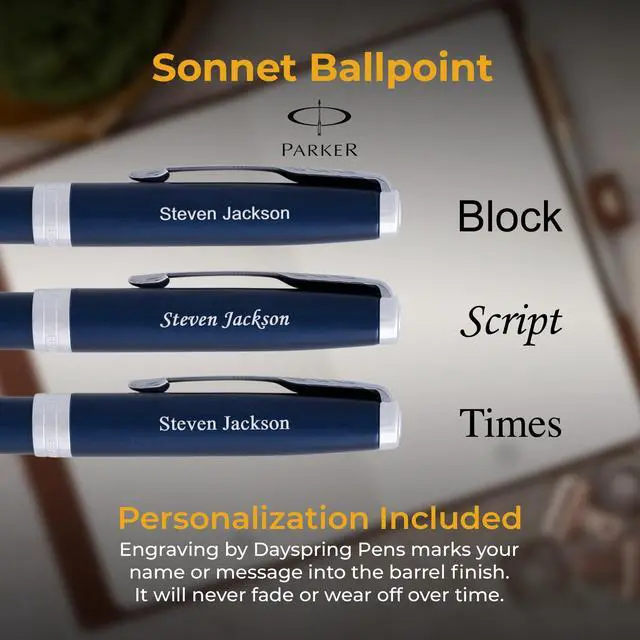 Alt view image 3 of 7 - Parker Sonnet Ballpoint Pen, Blue Lacquer with Chrome Trim, Custom Engraved Promotion, Retirement, Board Recognition, or Executive Gift