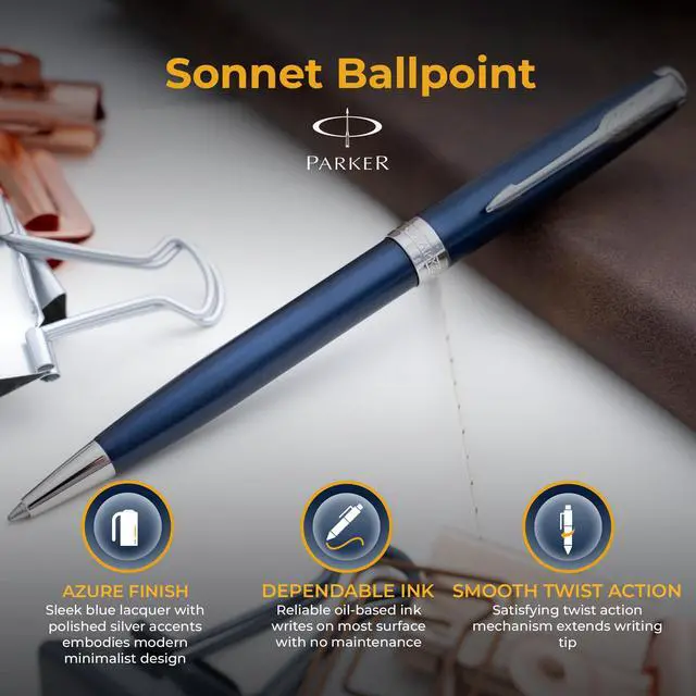 Alt view image 4 of 7 - Parker Sonnet Ballpoint Pen, Blue Lacquer with Chrome Trim, Custom Engraved Promotion, Retirement, Board Recognition, or Executive Gift