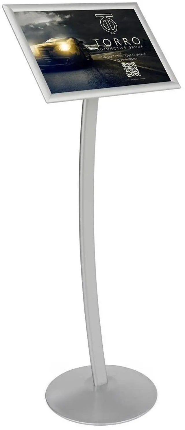 Main image of Silver Finish Aluminum Sign Frame, 14 x 46-3/4 x 14-Inch, Free-Standing, Snap-Open Frame, With Curved Pole