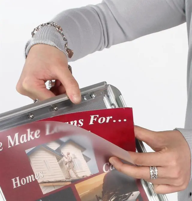 Alt view image 2 of 4 - Silver Finish Aluminum Sign Frame, 14 x 46-3/4 x 14-Inch, Free-Standing, Snap-Open Frame, With Curved Pole