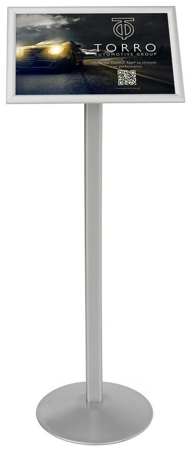 Alt view image 4 of 4 - Silver Finish Aluminum Sign Frame, 14 x 46-3/4 x 14-Inch, Free-Standing, Snap-Open Frame, With Curved Pole