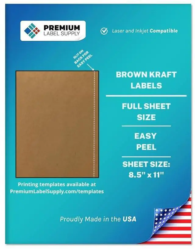 Main image of Brown Kraft Full Sheet Sticker Labels 8.5" x 11" Laser/Inkjet Compatible 1000 Sheets