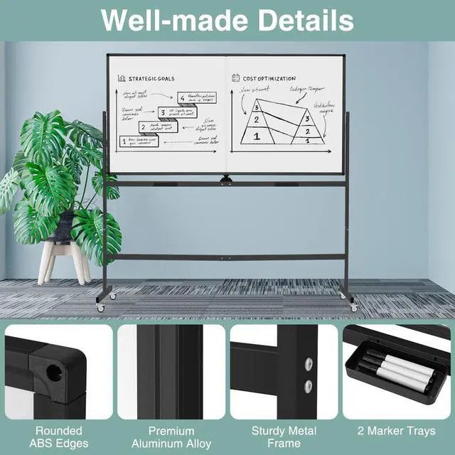 Alt view image 7 of 7 - Rolling Whiteboard, 72" x 36" Large Double-Sided Dry Erase Board | Aluminum Alloy Frame, 1 Eraser, 6 Markers and 12 Magnets, Mobile White Board on Wheels for Office Home School Classroom