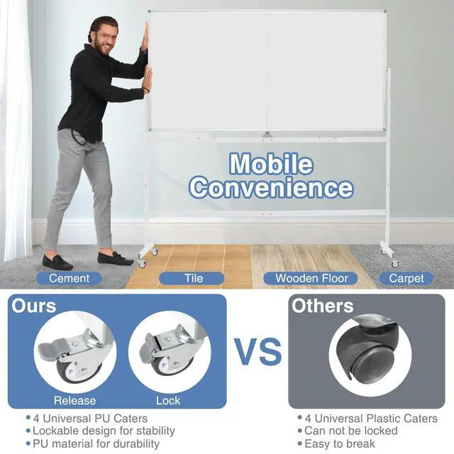 Alt view image 3 of 7 - Rolling Whiteboard, 72" x 36" Large Double-Sided Dry Erase Board | Aluminum Alloy Frame, 1 Eraser, 6 Markers and 12 Magnets, Mobile White Board on Wheels for Office Home School Classroom