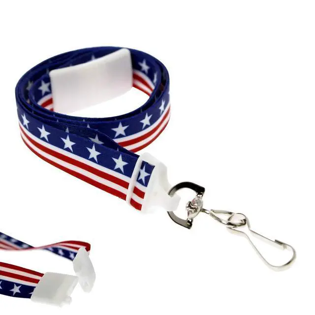 Alt view image 2 of 7 - Bulk 100 Pack - American Flag Lanyard for ID Badges & Keys - Patriotic USA Lanyards for Fourth of July Supplies - Red White & Blue Stars & Stripes - Soft Fabric Safety Breakaway Clasp