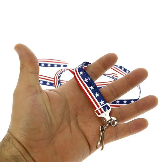 Alt view image 3 of 7 - Bulk 100 Pack - American Flag Lanyard for ID Badges & Keys - Patriotic USA Lanyards for Fourth of July Supplies - Red White & Blue Stars & Stripes - Soft Fabric Safety Breakaway Clasp