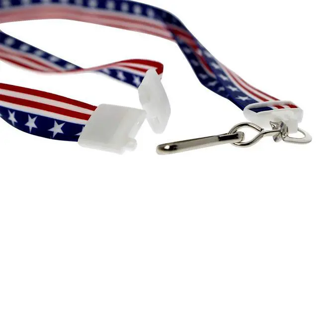 Alt view image 6 of 7 - Bulk 100 Pack - American Flag Lanyard for ID Badges & Keys - Patriotic USA Lanyards for Fourth of July Supplies - Red White & Blue Stars & Stripes - Soft Fabric Safety Breakaway Clasp