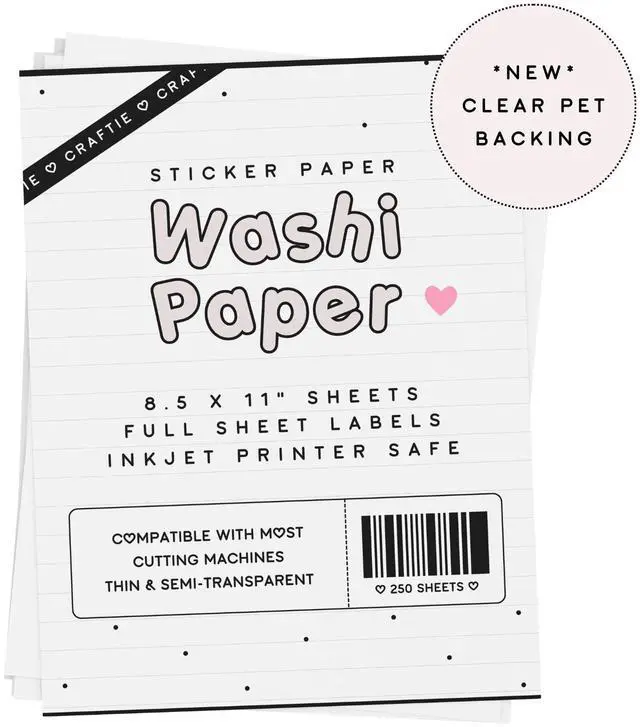 Main image of 8.5 x 11 Washi Paper with Clear PET Backing Sticker Paper White Printable Inkjet Printer Compatible Full Sheet Letter Size Labels (250 Sheets)