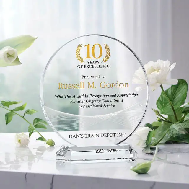 Alt view image 3 of 7 - Personalized Crystal Employee Service Award Plaque Custom Engraved with Name, Company & Years of Service Crystal Recognition Gift for 5, 10, 15+ Work Anniversary (L - 8")