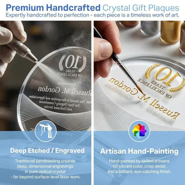 Alt view image 4 of 7 - Personalized Crystal Employee Service Award Plaque Custom Engraved with Name, Company & Years of Service Crystal Recognition Gift for 5, 10, 15+ Work Anniversary (L - 8")
