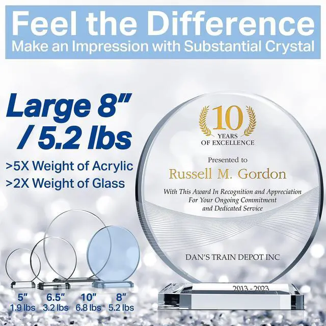 Alt view image 7 of 7 - Personalized Crystal Employee Service Award Plaque Custom Engraved with Name, Company & Years of Service Crystal Recognition Gift for 5, 10, 15+ Work Anniversary (L - 8")