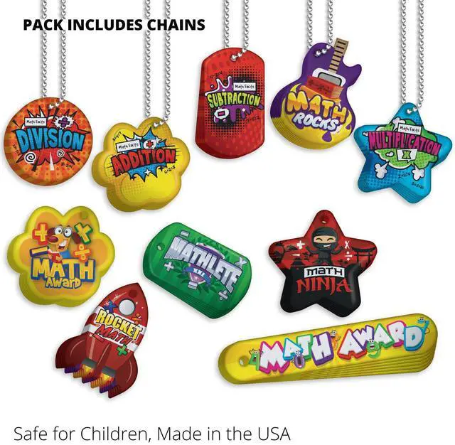 Alt view image 5 of 6 - Build & Encourage Young Students' Basic Math Skills Brag Tag Value Pack: 500 Tags (50 Tags for Each Shape) + 150 USA-Made 24" Hypoallergenic Aluminum Safety Chains