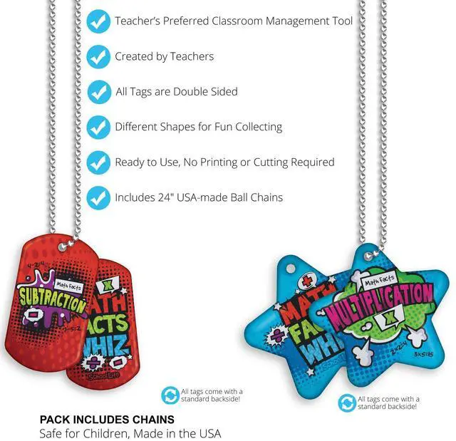 Alt view image 4 of 6 - Build & Encourage Young Students' Basic Math Skills Brag Tag Value Pack: 500 Tags (50 Tags for Each Shape) + 150 USA-Made 24" Hypoallergenic Aluminum Safety Chains