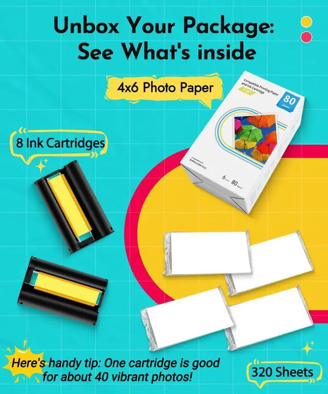 Alt view image 6 of 7 - Compatible for M100/M110/M200/M210 4" x 6" Photo Printer 320 Sheets Photo Paper & 8 Ink Cartridges, for DHP512/DHP513/DHP514/DHP515 Refill, Dye Sublimation, Full-Color, Display, Framing