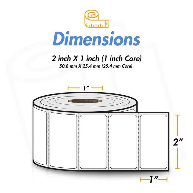 Alt view image 4 of 7 - 2" x 1" Direct Thermal Label, 1" Core, 25 Rolls, 1300/Roll | Compatible with Rollo & Zebra Desktop Printers, Postage UPC Barcode Address Shipping Sticker, Adhesive & Perforated