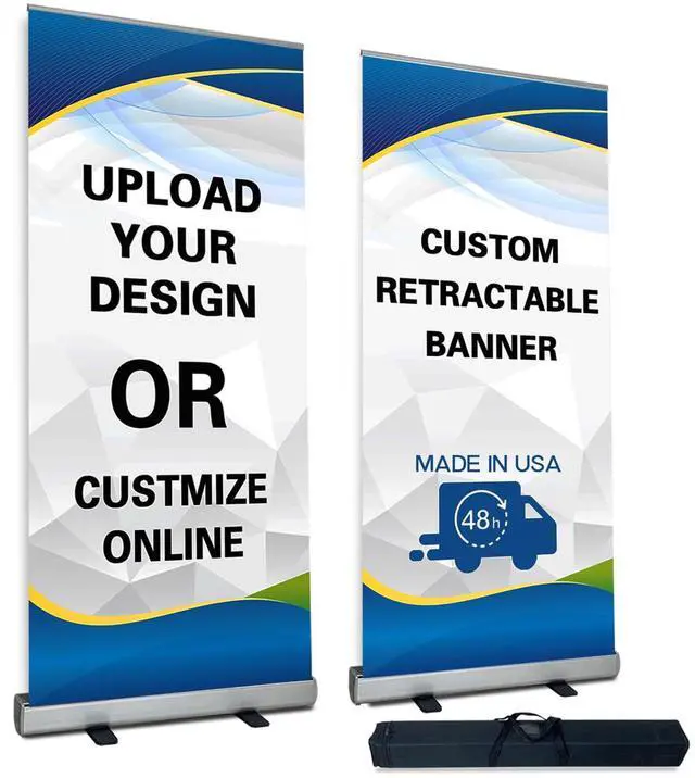Main image of CUSTOM Retractable Banner Stand, Banners are made from curl-free fabric for trade shows, advertising, event displayswith Heavy Duty Frame and Travel case MADE IN USA (36" x 80")