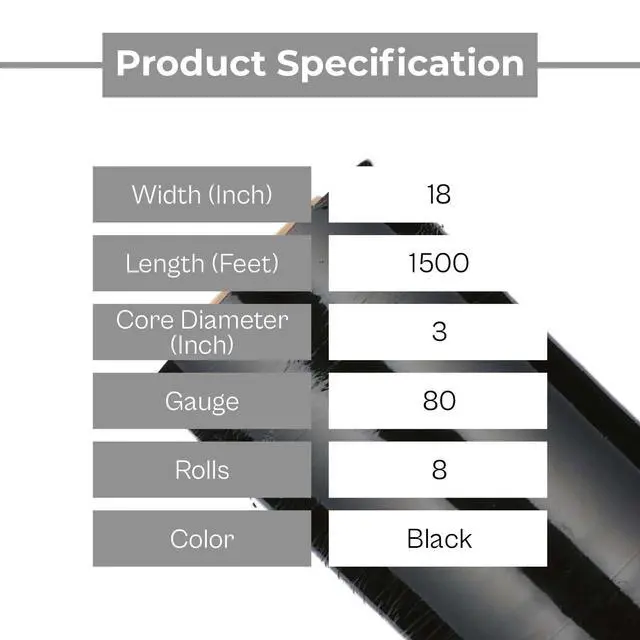 Alt view image 3 of 7 - PSBM 8 Rolls 18 Inch x 1500 Feet 80 Gauge UVI Protection Black Stretch Film/Wrap, Heavy Duty Industrial Strength Shrink Plastic Wrap for Moving, Packing, Shipping, Pallet Wrapping & Storage