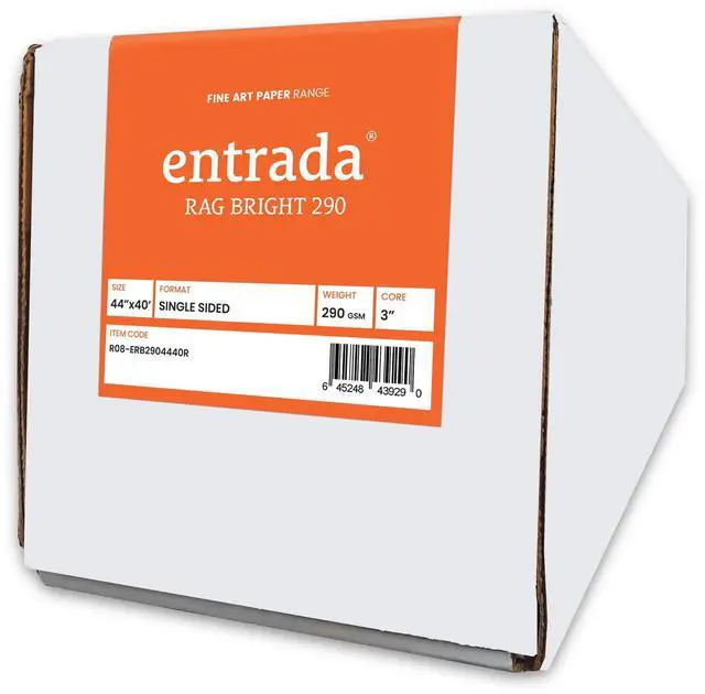 Main image of Entrada Rag Bright 290, 100% Cotton Fine Art Archival Inkjet Paper, Single-Sided, Smooth (Hotpress) Bright White Matte, Heavy Weight 290gsm, 44" x 40ft Roll