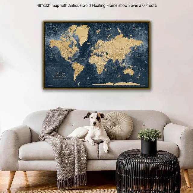 Alt view image 7 of 7 - Gold & Navy World Travel Map with Pins, Personalized World Map Pin Board to Track Places Visited, Customized Travel Tracker (48x30, Rolled/Unframed)