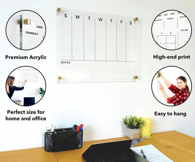 Alt view image 2 of 7 - Weekly Premium Acrylic Wall Calendar - Reusable Board for Office and Home - Dry Erase Board - Large Glass Calendar w Marker (40x28" (XLarge) - Gold Standoff)
