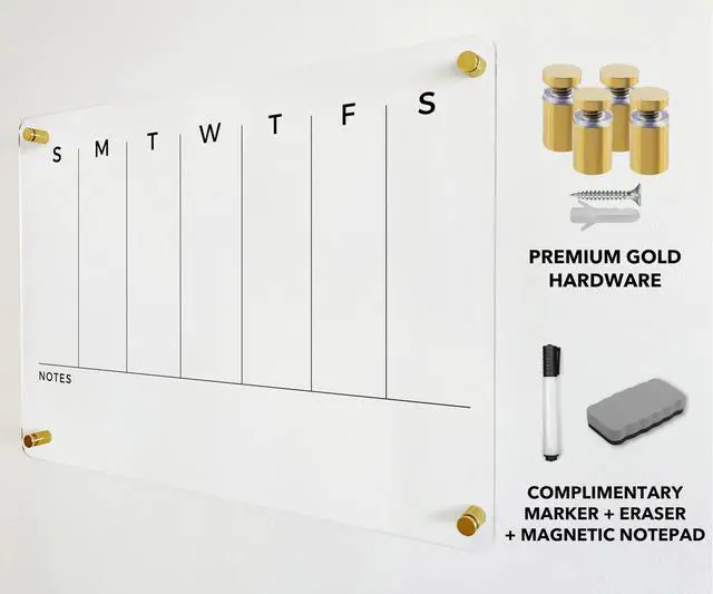 Alt view image 4 of 7 - Weekly Premium Acrylic Wall Calendar - Reusable Board for Office and Home - Dry Erase Board - Large Glass Calendar w Marker (40x28" (XLarge) - Gold Standoff)