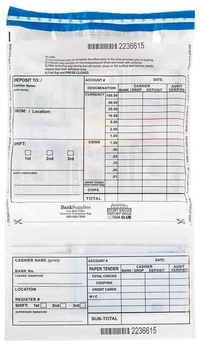 Main image of Ultima Blue Clear Cash Transmittal Bags 13.5 by 19.25 Inches 500 Pack Tamper Evident Deposit Bags with Write On Panel Heat Cold and Moisture Detection