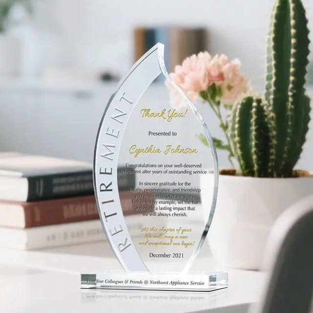 Alt view image 2 of 7 - Personalized Crystal Flame Shaped Employee Retirement Award for Man or Woman, Customized with Retiree's Name, Unique Retirement Gift for Co-worker and friend (L - 9")