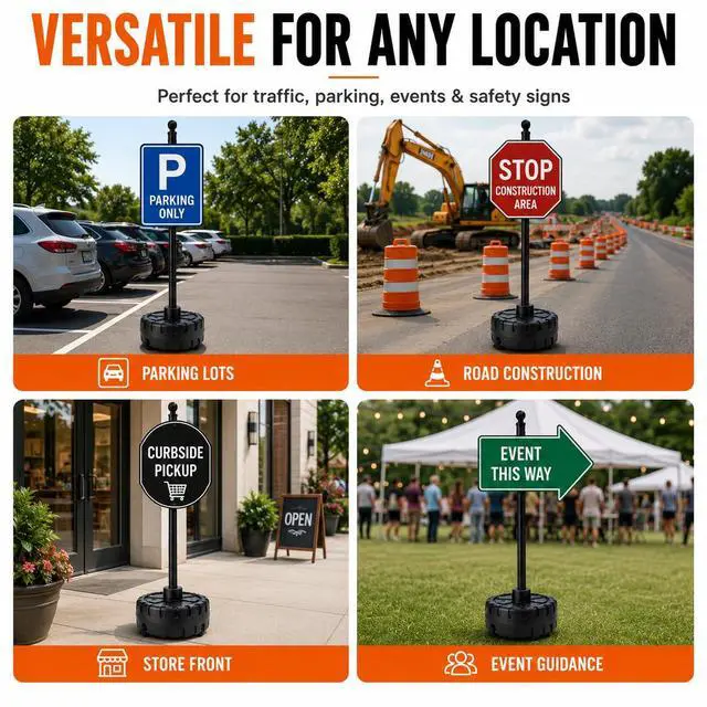 Alt view image 7 of 7 - Portable Sign Post and Base Kit, 5 FT/60 Inch Heavy Duty Sign Stand with Wheeled Fillable Base, Movable Outdoor Sign Holder for Parking, Traffic, Safety & Warning Signs