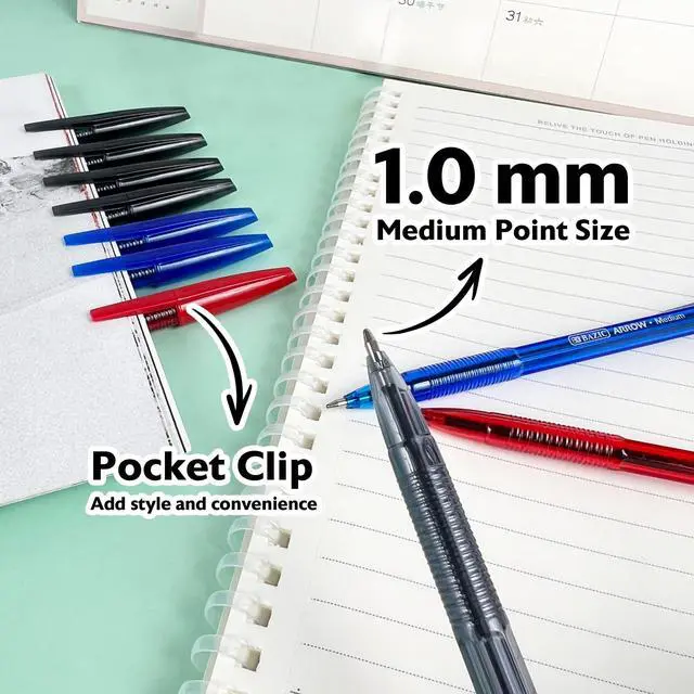 Alt view image 3 of 7 - Arrow Ink Stick Ballpoint Pens, 1.0mm, 10 Count, 144-Case | Smooth quick-dry ink, ballpoint pens in black, blue, red ink, 1.0 mm medium point, school, office, pocket clip