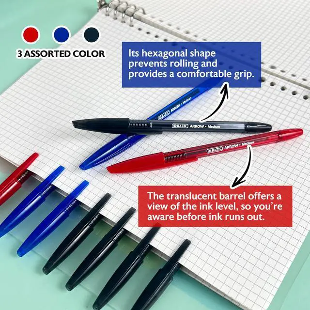 Alt view image 4 of 7 - Arrow Ink Stick Ballpoint Pens, 1.0mm, 10 Count, 144-Case | Smooth quick-dry ink, ballpoint pens in black, blue, red ink, 1.0 mm medium point, school, office, pocket clip
