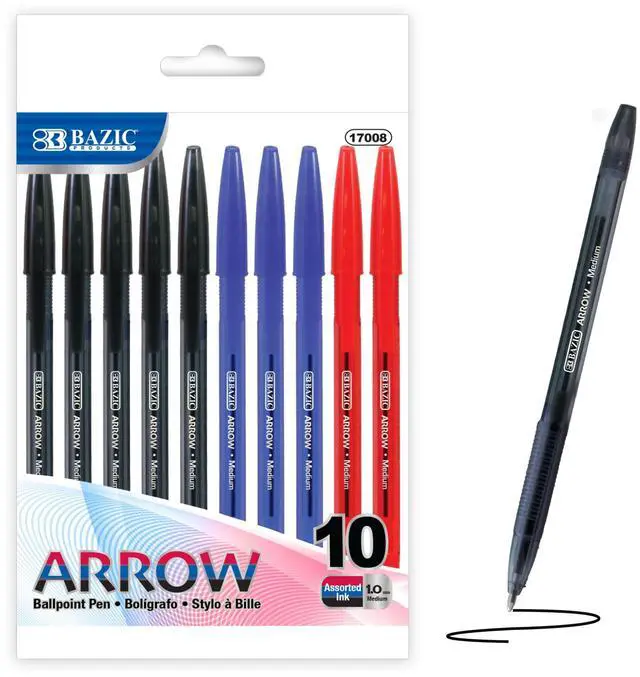 Main image of Arrow Ink Stick Ballpoint Pens, 1.0mm, 10 Count, 144-Case | Smooth quick-dry ink, ballpoint pens in black, blue, red ink, 1.0 mm medium point, school, office, pocket clip