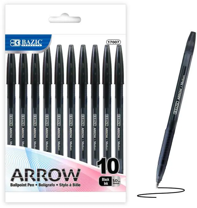 Main image of Arrow Black Ink Stick Ballpoint Pens, 1.0mm Medium, 144-Case | Smooth quick-dry ink, 1.0 mm medium point, school, home, office, pocket clip