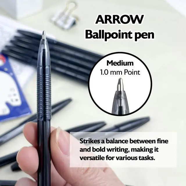 Alt view image 3 of 7 - Arrow Black Ink Stick Ballpoint Pens, 1.0mm Medium, 144-Case | Smooth quick-dry ink, 1.0 mm medium point, school, home, office, pocket clip