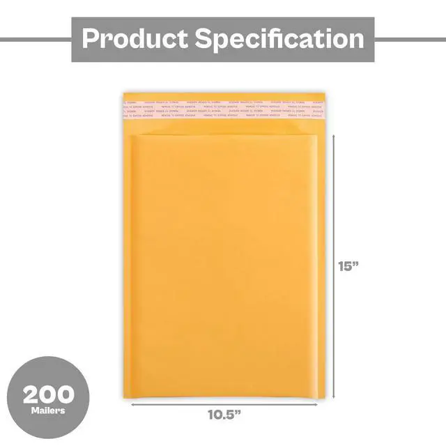 Alt view image 3 of 6 - PSBM #5 200 PCS 10.5 x 16 Inch Kraft Bubble Mailers, Yellow Padded Envelopes, Self-Sealing Peel-Off Strip, Ideal for Shipping CD, DVD, Jewelry, Photos, Magazine, Books, Clothes and More