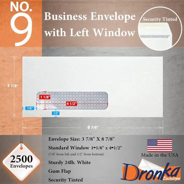 Alt view image 2 of 4 - 2500 #9 Business Envelopes with Left Window, Security Tinted, 3 7/8 x 8 7/8 Inches, 24lb White Paper, 2500 Count