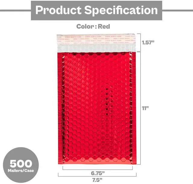 Alt view image 2 of 6 - PSBM 500 PCS 7.5 x 11 Inch Red Metallic Glamour Bubble Mailers, Self-Sealing Peel-Off Strip, Padded Envelopes for Safe and Secure Shipping
