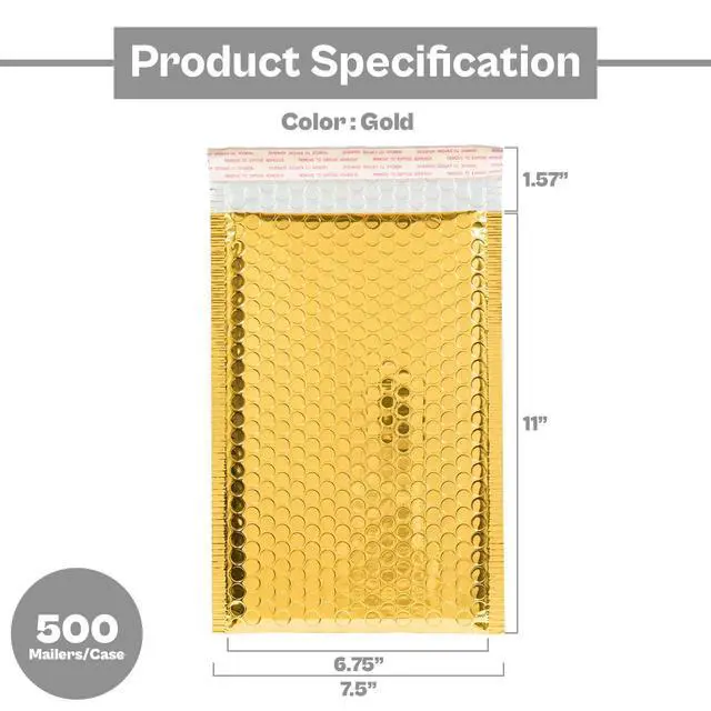 Alt view image 2 of 6 - PSBM 500 PCS 7.5 x 11 Inch Gold Metallic Glamour Bubble Mailers, Self-Sealing Peel-Off Strip, Padded Envelopes for Safe and Secure Shipping
