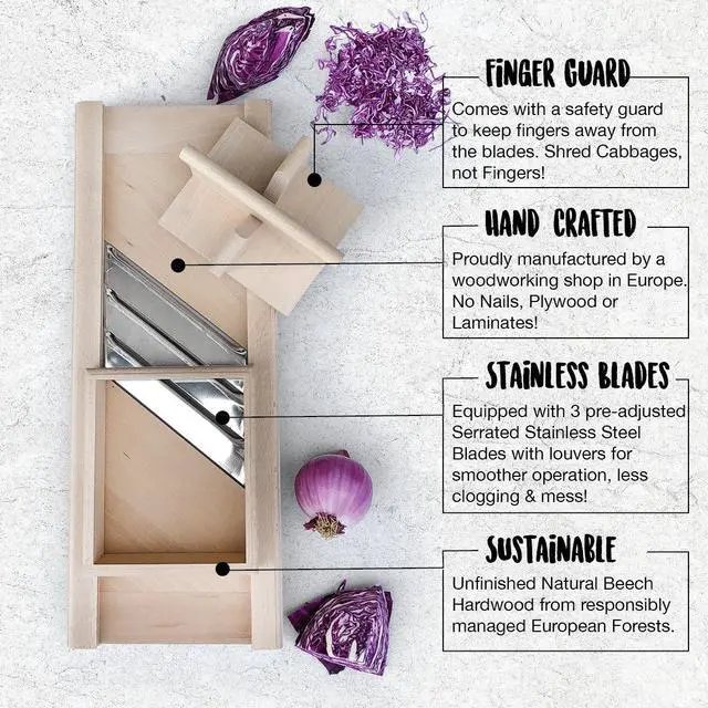 Alt view image 2 of 7 - Traditional Wooden Cabbage Shredder Slicer with Hand Guard for Finely Cut Sauerkraut and Coleslaw - Heirloom Quality - Made in Europe - Beech Wood - Stainless Steel Blades